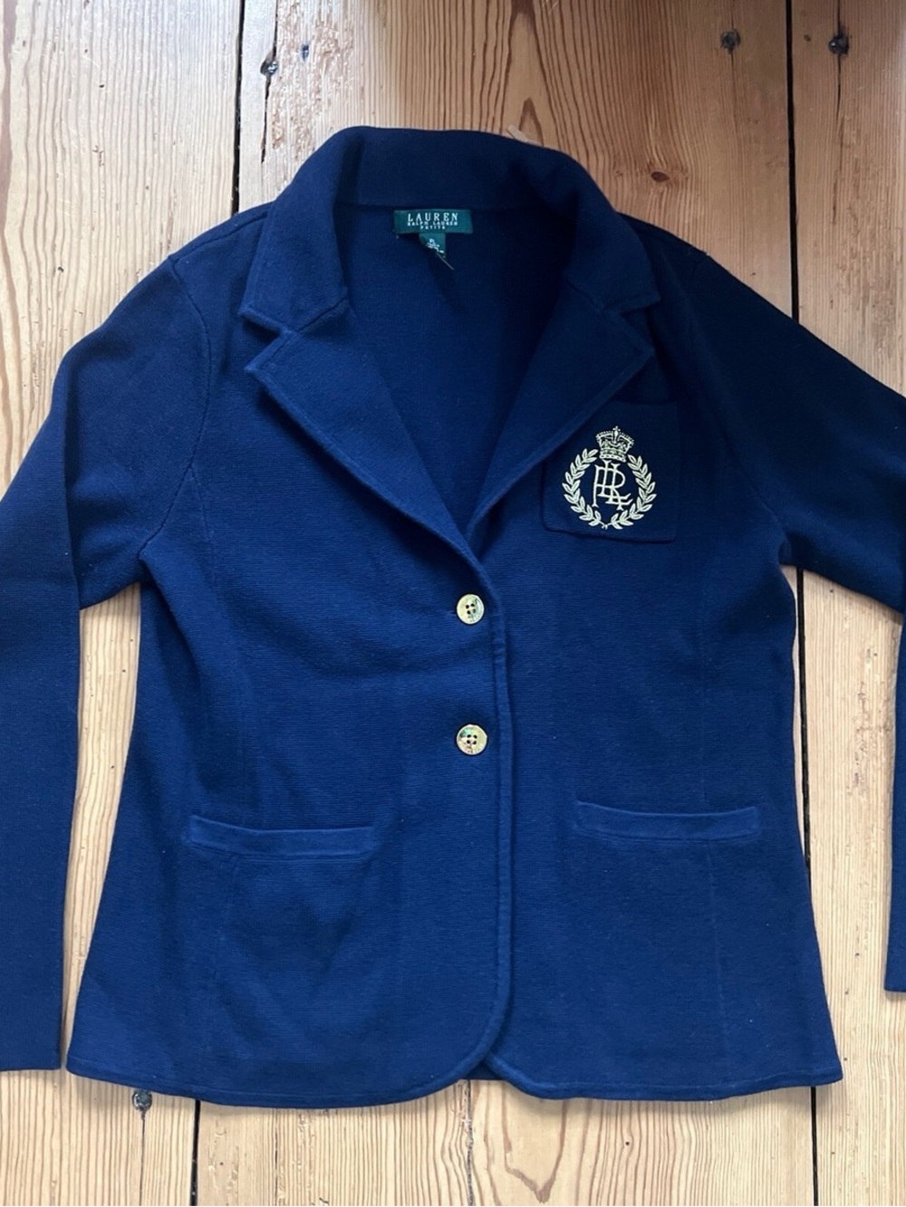 Ralph Lauren Navy Knit Blazer with Gold Crest